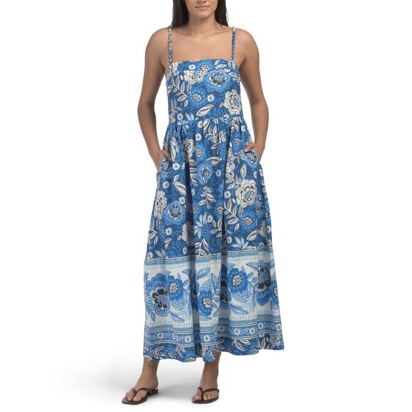 RACHEL ZOE Blue Combo Linen Blend Sleeveless Printed Maxi Dress - Picture 1 of 2